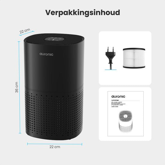 Auronic Luchtreiniger Fresh - Met HEPA 13-filter - 225 m³/u - 45 m² - Koolstoffilter - 3 Standen - Air Purifier - Zwart