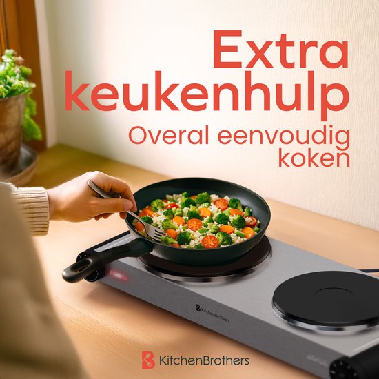 KitchenBrothers Elektrische Kookplaat - 2 Pits - Vrijstaand - 7 temperatuurstanden - 1500W + 1000W - RVS/Zwart