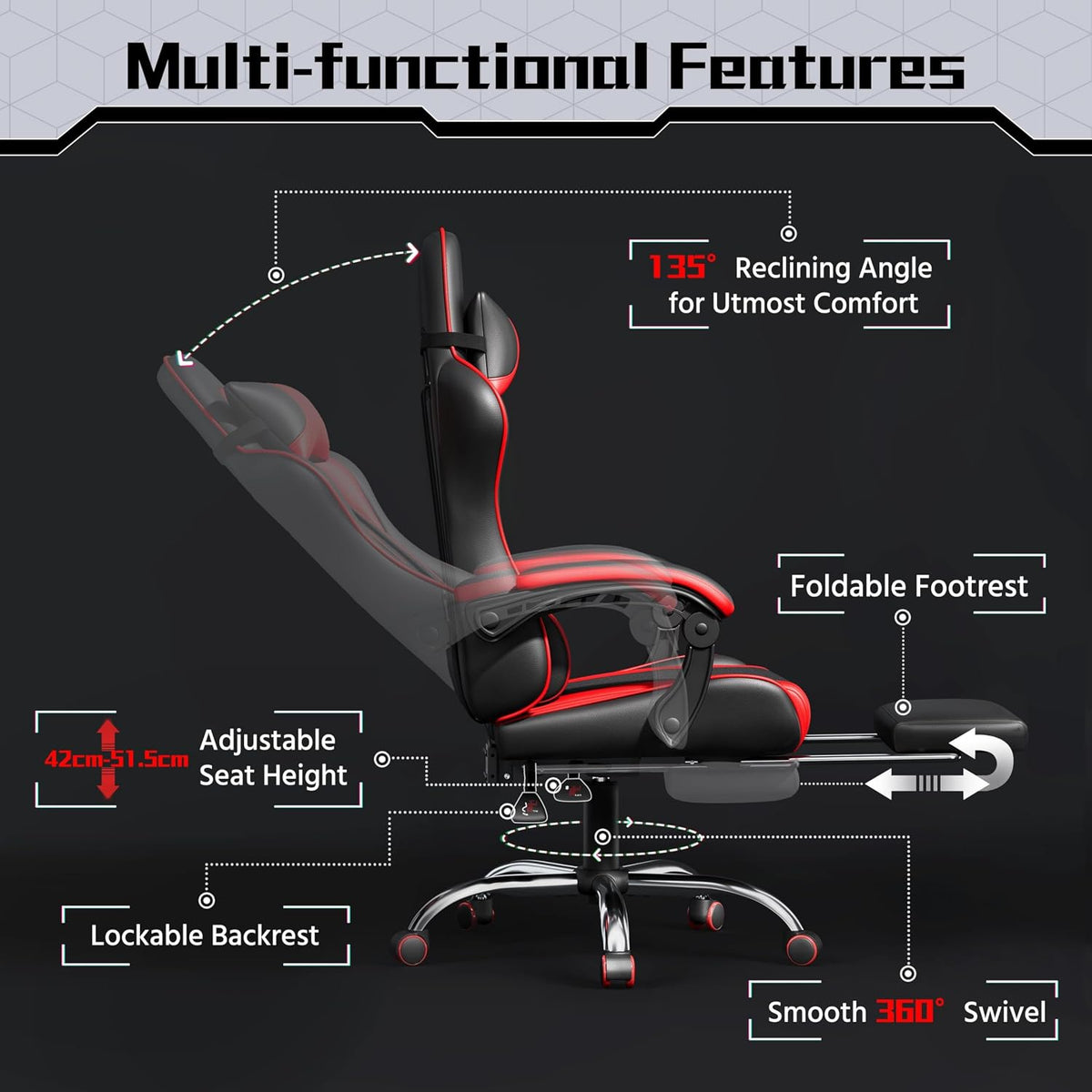 Yaheetech ergonomische gamingstoel - Voetensteun en massagekussen - Zwart/rood