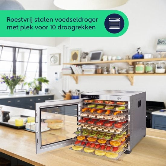 Vita5 Nobel Pro 10 XXL Droogoven - Dehydrator 10 Laags - RVS - 24-Uurs Timer - Led-bedieningspaneel - 1000 Watt - Zilver - 53x54x43 cm