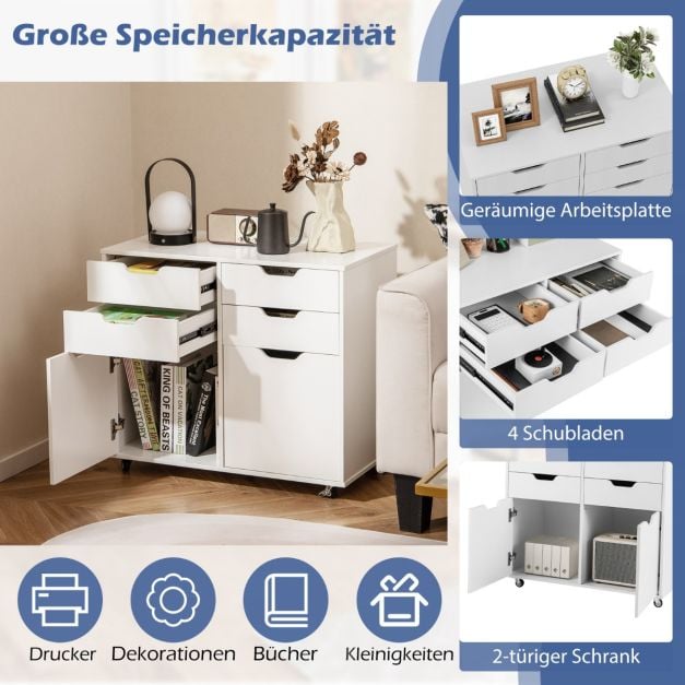 Coast Verrijdbare Archiefkast – 4 Laden en 2 Deuren – 73 x 40 x 64,5 cm – Wit