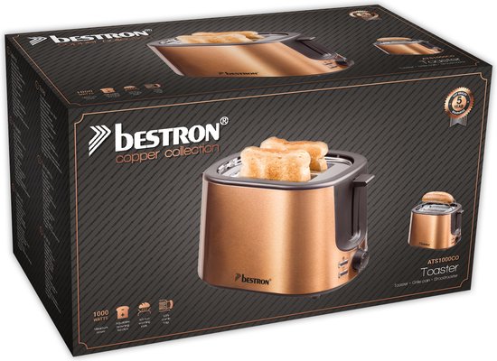 Bestron Broodrooster ATS1000CO - 1000W - 7 Bruiningsniveau's - 2 Broodsleuven voor 2 boterhammen - Koper - 5 jaar garantie