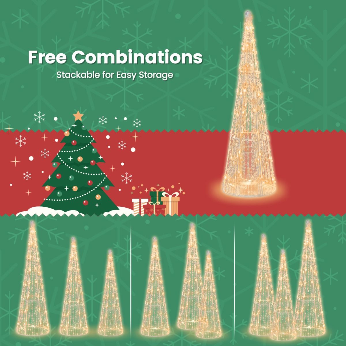 Coast Verlichte Kerstkegelbomen Set van 3 – Warmwit LED – Sterrenslingers – Wit – 81 / 72 / 62 cm – Voor Binnen & Buiten