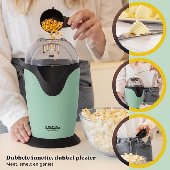 JAP Appliances Happy Pops - Retro popcornmachine (2-3 personen) 1200W - Inclusief maat- en botersmeltlepel - Klaar binnen 3 minuten - Zonder olie - Groen