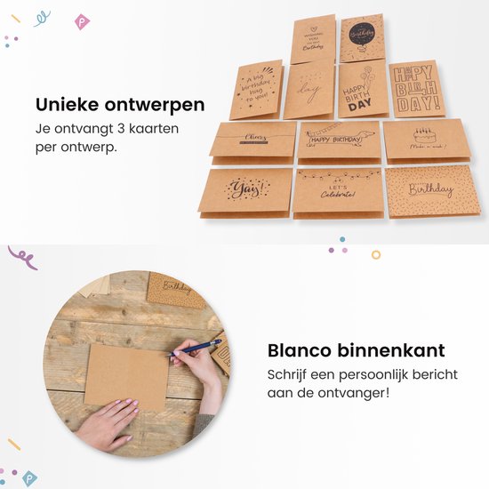Partizzle 36x Duurzame Verjaardagskaarten met Envelop Set - Ansichtkaarten Versturen - Leuke Kraft Verjaardag Kaarten - Volwassenen - 15x10 cm