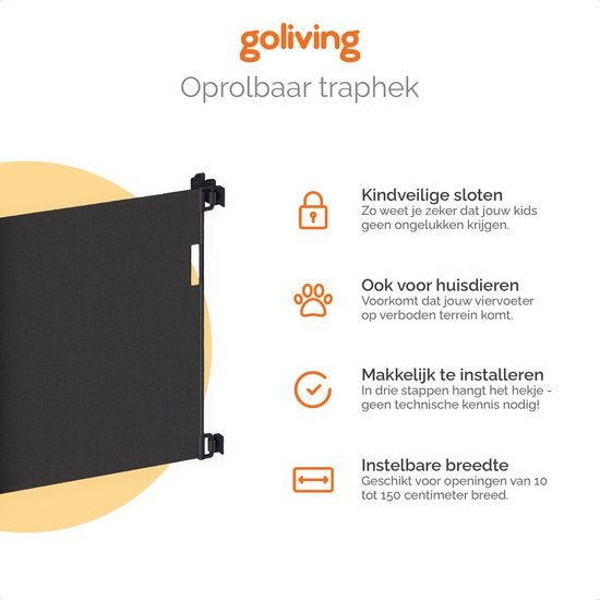 Goliving Traphekje – Oprolbaar Mesh – Push & Turn Sluiting – Tot 150 x 88 cm – Zwart