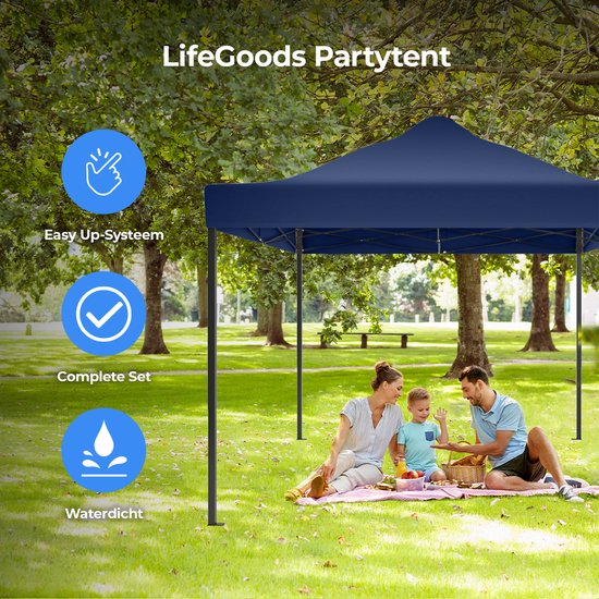 LifeGoods Partytent - Paviljoen - Easy Up - Opvouwbaar - Waterdicht - Met Draagtas - 297 x 440 cm – Donkerblauw