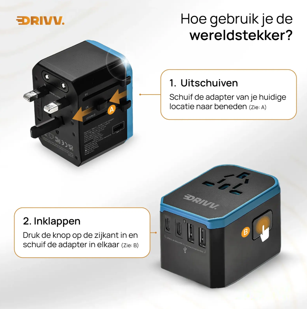 Drivv Universele Wereldstekker USB C - 6 Poorten - 2300W - Geschikt voor 150+ Landen