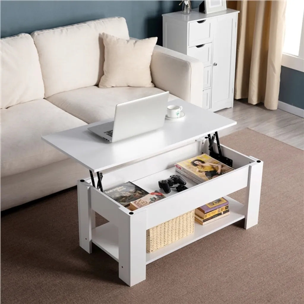 Yaheetech Salontafel met Verstelbaar Tafelblad 98 x 50 x 41,8 cm - Wit - Uitschuifbare Lift-up Salontafel met Opbergruimte