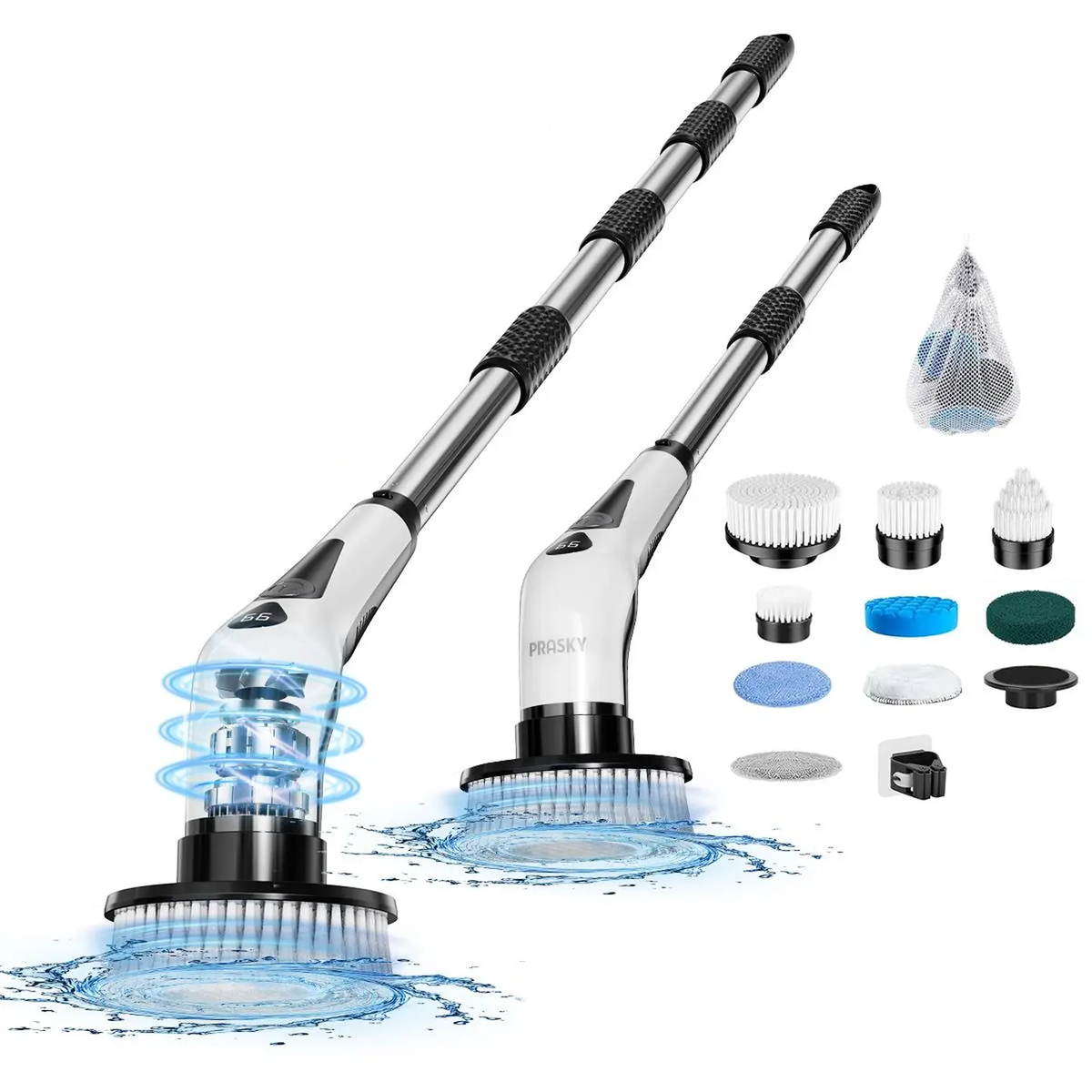 Prasky Elektrische Schrobborstel Draadloos - 9 Borstelkoppen en Verlengsteel 55-120 cm - 400 RPM - IPX8 Waterdicht - Zwart