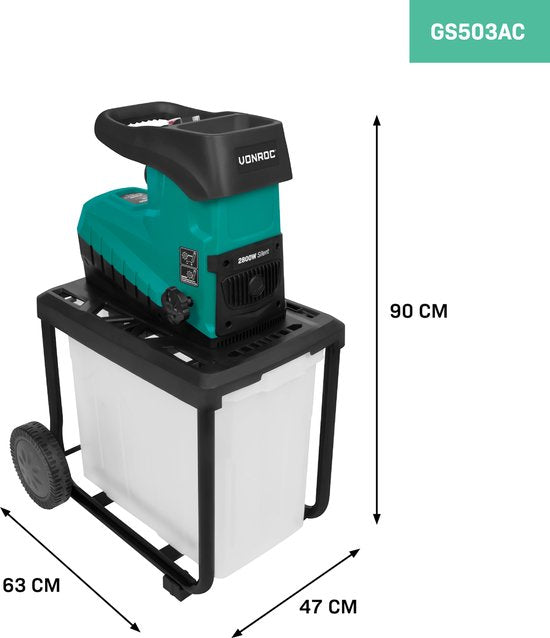VONROC Stille Hakselaar/Shredder 2800W – Voor takken tot Ø45mm – Incl. 60L opvangbak & duwstok
