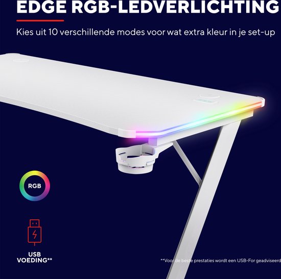Trust GXT 709W Luminus Gaming Bureau - RGB Verlichting – Bekerhouder – Headset houder - Wit