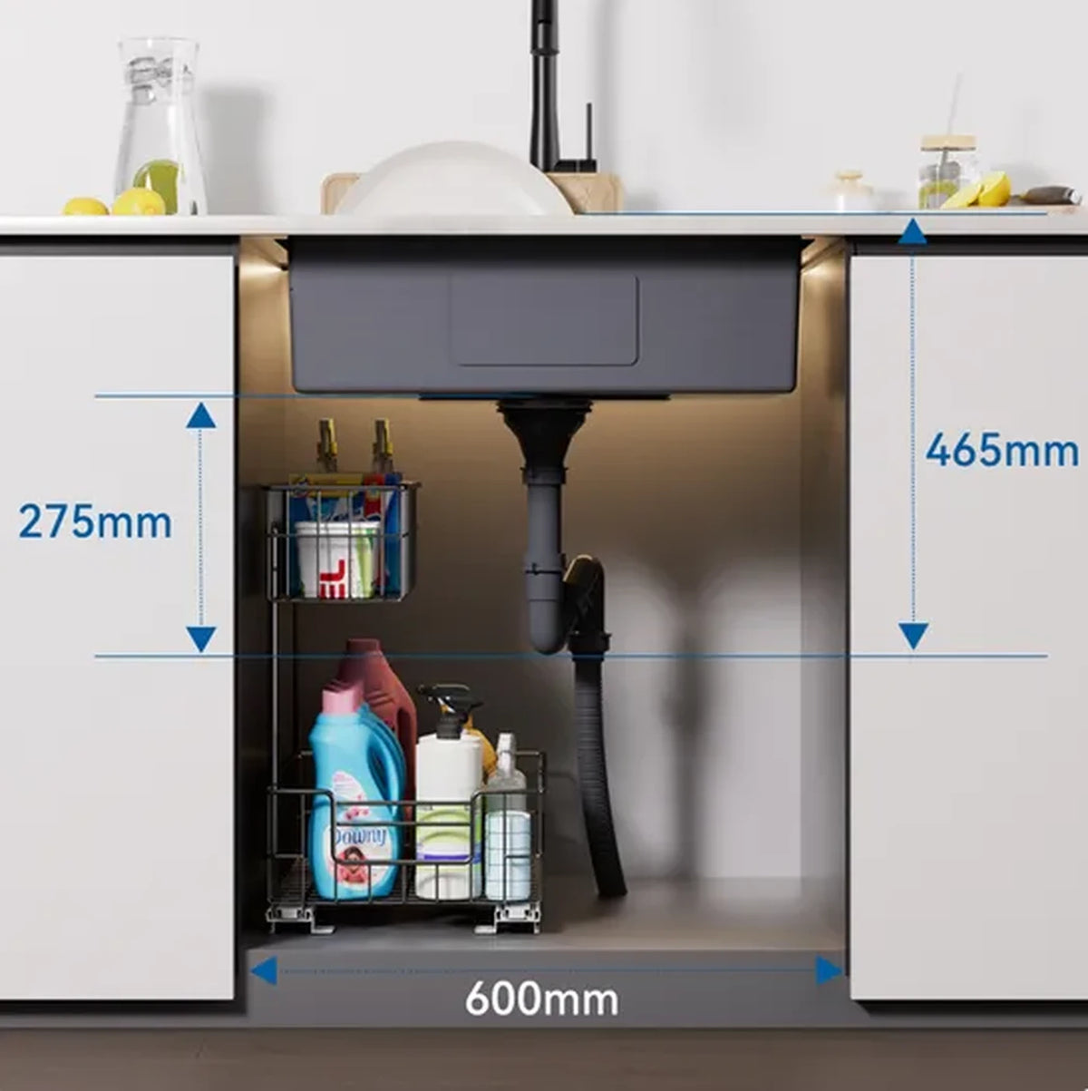 Auralum MAX Spoelbak RVS 60 x 44 cm - Inbouw, Opbouw en Onderbouw - Geluiddempend met Sifon - Donkergrijs