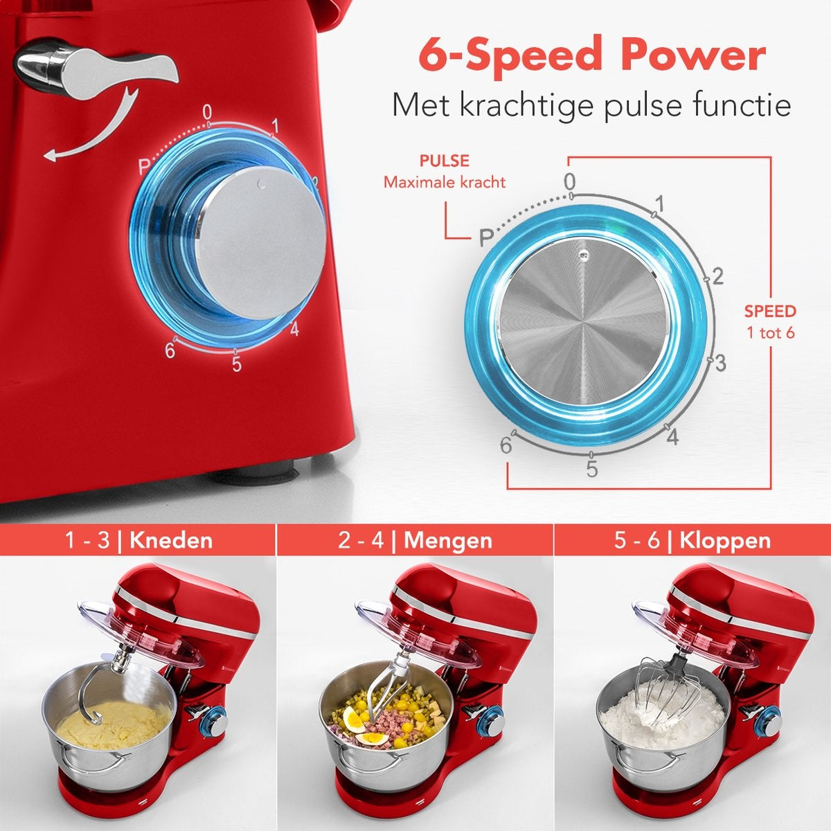 KitchenBrothers Keukenmachine - Keukenmixer - 6L Mengkom - 1400W - Rood