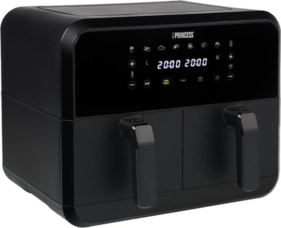 Princess Double Basket Airfryer 182068 - Dubbele Airfryer - 8 liter - 2 manden - XXL - 8 programma’s - 2400W - Dubbele heteluchtfriteuse - Touchscreen - Zwart - 80 °C tot 220°C - Sync functie