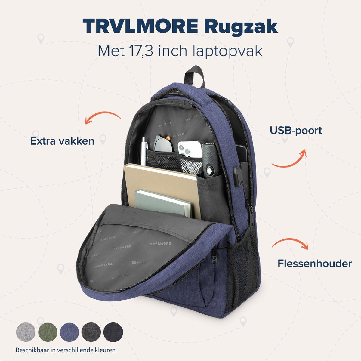 TRVLMORE Rugzak - 36L - 17,3 inch - Laptop Rugtas - Schooltas - Unisex - Spatwaterdicht Blauw