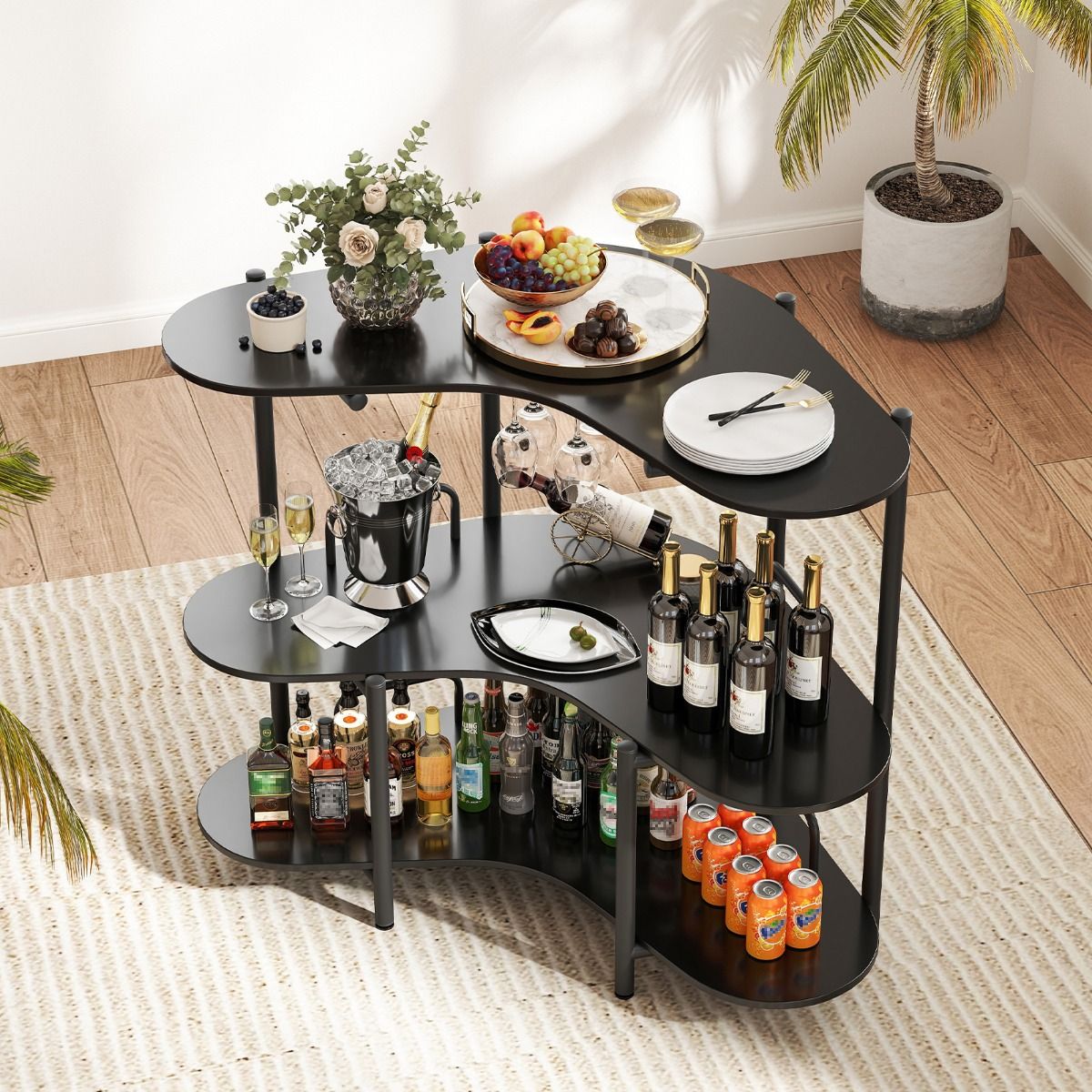 Coast Bartafel Keukentafel - 3 Niveaus, Glazenhouder, Max. 90 kg - 120 x 66 x 102 cm - Houtvezelplaat/Metaal - Zwart