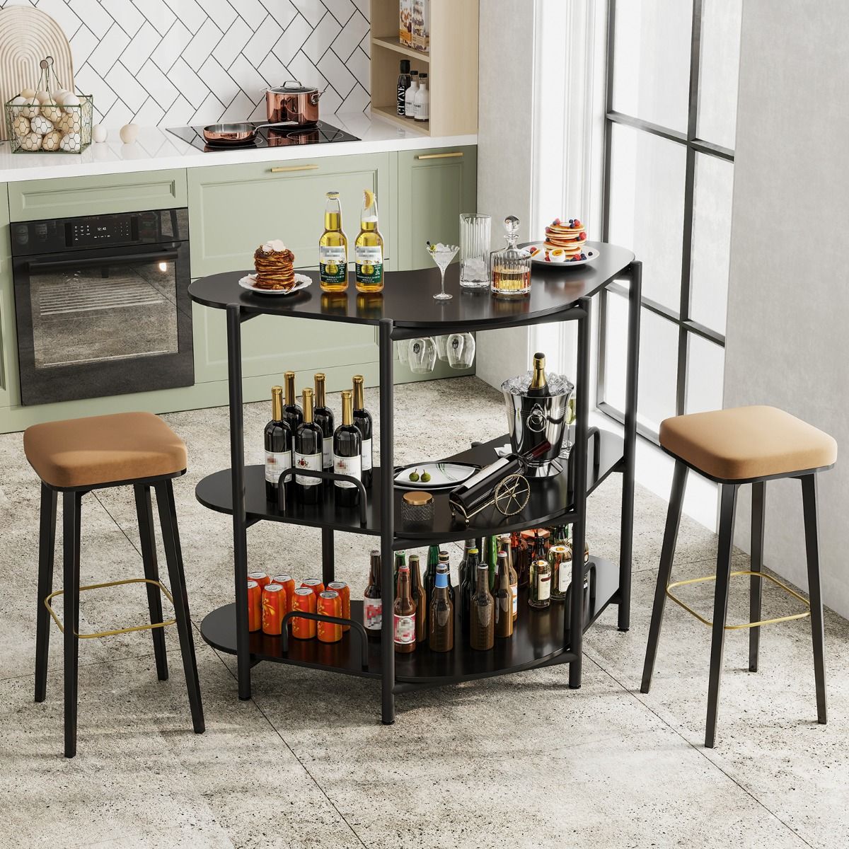 Coast Bartafel Keukentafel - 3 Niveaus, Glazenhouder, Max. 90 kg - 120 x 66 x 102 cm - Houtvezelplaat/Metaal - Zwart