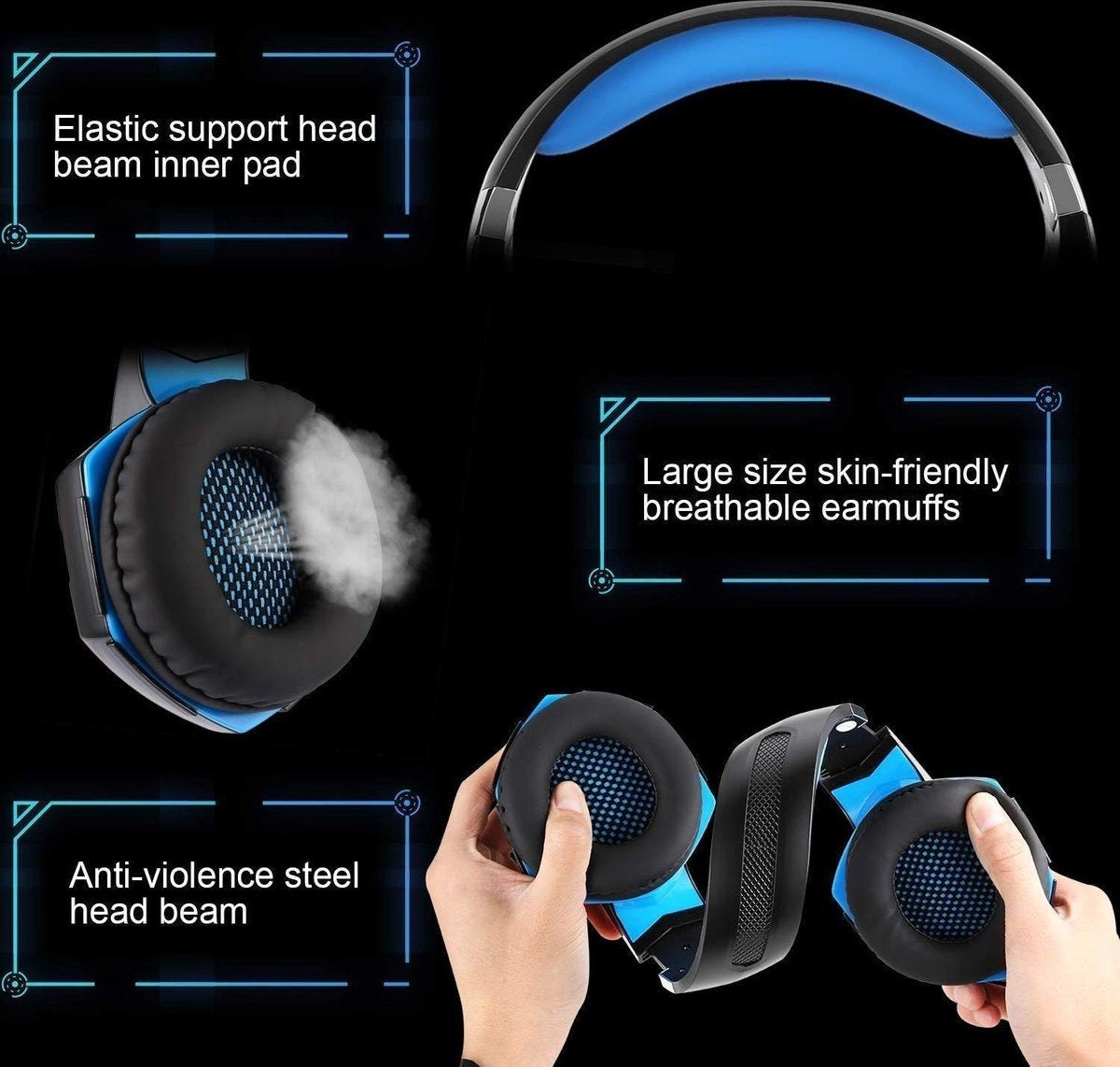 KOTION EACH G2000 Gaming Headset - Zwart/Blauw - Geschikt voor PS5, Xbox Series X, Windows & Switch
