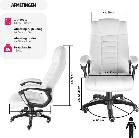 tectake® - Luxe directie Bureaustoel Burostoel Kantoorstoel - kunstleer - wit
