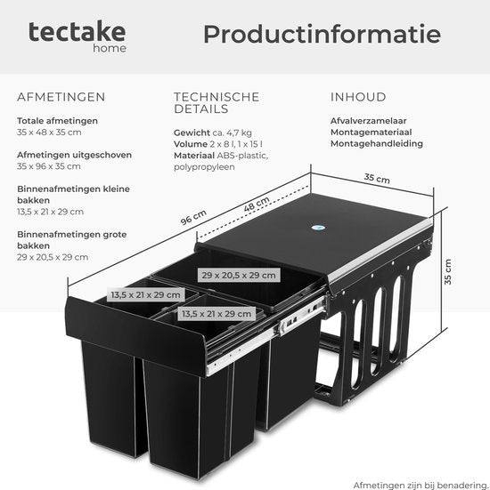 tectake® Afvalverzamelaar - Inbouw vuilnisbak - Meervoudige afvalscheiding - Efficiënte opruimoplossing voor keuken en kantoor - Driedubbele prullenbak met telescooprails - 2x 8L + 1x 15L