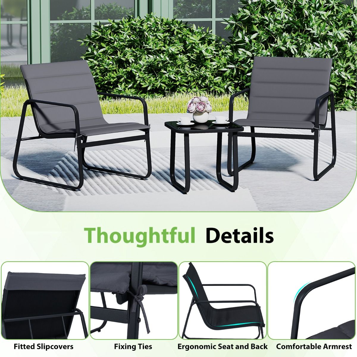 Coast 3-delige tuinset - buitenstoelen met afneembare kussens - bijzettafel met gehard glas - grijs en zwart