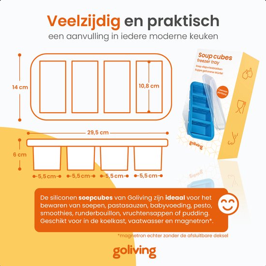 Goliving 4 in 1 Diepvriesbakjes - Vershoudbakjes - 4 x 250ml - Meal Prep Bakjes - Siliconen Bewaarbakjes met Deksel - Vershouddoos Babyvoeding - Diepvries en Magnetron - Blauw