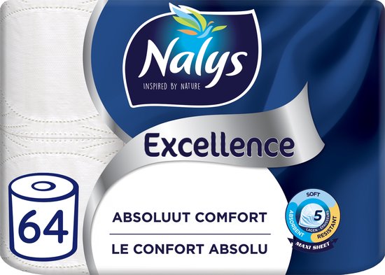 Nalys Excellence Toiletpapier - 64 rollen - Wit Maxi Vellen wc papier (5-laags) - Voordeelverpakking - papieren verpakking