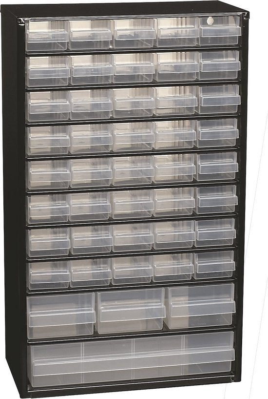 Raaco Ladekast met 44 lades - Metalen Assortimentskast - Opbergsysteem voor o.a. schroeven en bouten - Kan aan de muur bevestigd worden - Incl. 10 tussenschotjes - 150x510x303 mm
