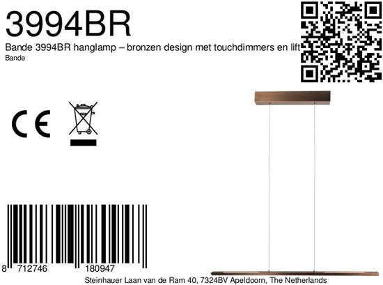 Hanglamp Bande 3994BR bronzen LED lamp 114cm breed met hoogte instelbaar systeem van Steinhauer, stijlvol en modern ontwerp in warme tint