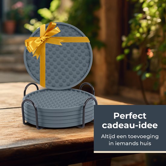 Castagnola Siliconen Onderzetters – Onderzetters voor Glazen – Design Onderzetters met Houder – Onderzettersset – Anti Slip - Set van 6 – Grijs