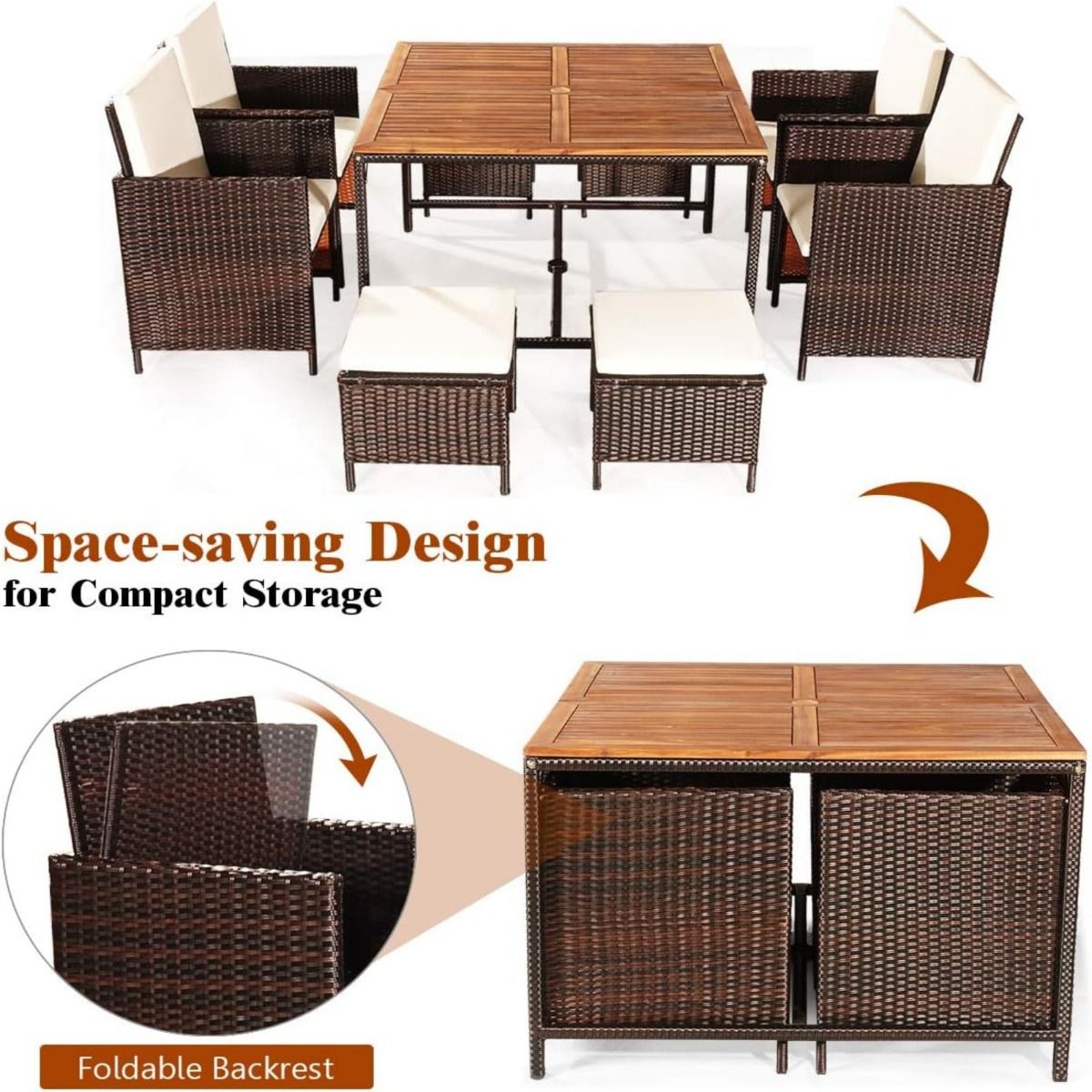 9-Delige Polyrotan Tuinset Bruin/Beige – 110 x 110 cm Tafel – Inklapbare Stoelen & Voetenbank – Weerbestendig Rotan met Acaciahout