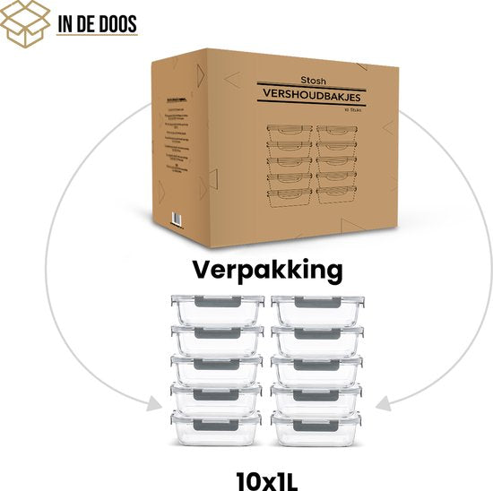 Stosh Meal Prep Bakjes - Vershoudbakjes - Diepvriesbakjes - Luchtdicht - 10 Stuks - 1L - BPA Vrij - Glas