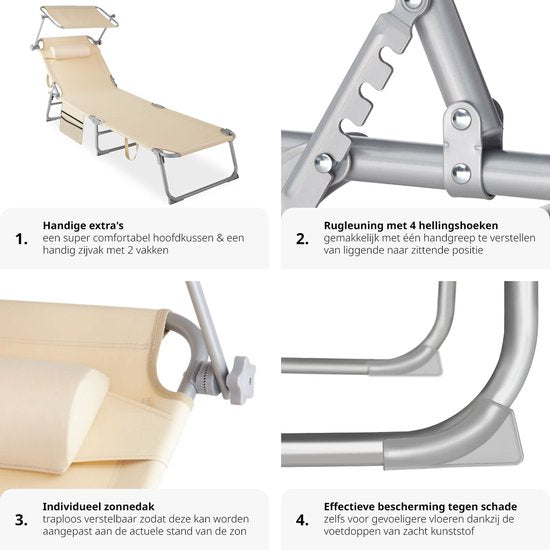 tectake® - ligbed Zonnestoel ligstoel - 4 standen , inklapbaar – beige - 68 x 190 x 28 cm, met zijvak