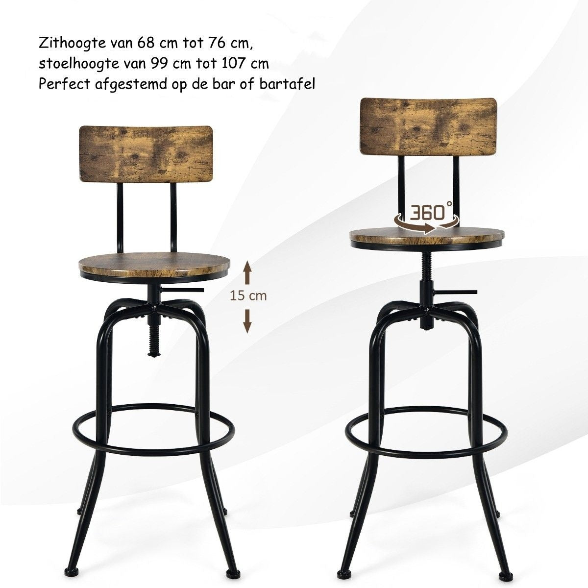 Coast Barstoel set van 2 - Industrieel - Draaibaar - Max. 150 kg - 54 x 54 x 106 cm - Bruin
