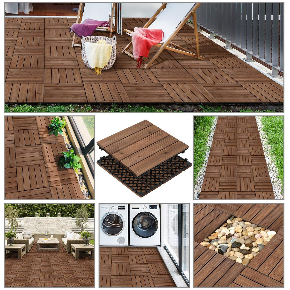 Yaheetech Houten Vlondertegels 30x30 cm – Sfeervol Bruin – Sparrenhout en Polypropyleen