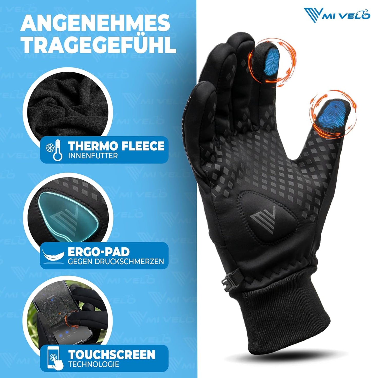 MIVELO Fietshandschoenen VELORIDER - Wind- en Waterdicht - Werkt met Touchscreens - Zwart - Maat L