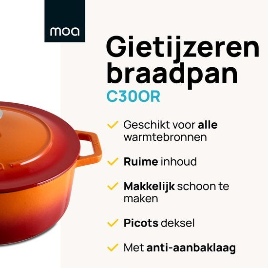 MOA Gietijzeren Braadpan - Inhoud 7,2 liter - 30CM - Rond - Alle warmtebronnen - Ook voor inductie - Gewicht 7,3 kg - Oranje Rood - C30OR