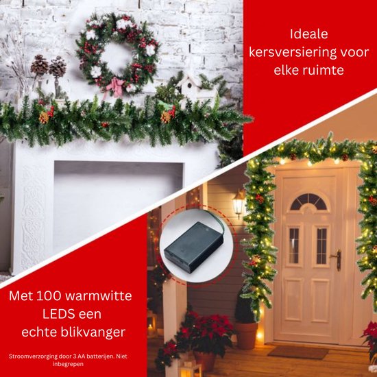 Coast Kerstslinger Groen – 274 cm – Met 100 Warmwitte LED-Lampjes, Dennenappels en Rode Bessen