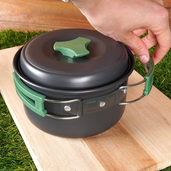 Redcliffs Outdoor Camping pannenset - 2x - aluminium/RVS - zwart/groen - kamperen
