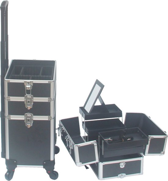 VDD - visagiekoffer - make up koffer - Make up trolley - Kappers koffer - Beautycase - Cosmetica koffer - Met Wielen - Zwart - 26 x 35 x 70cm