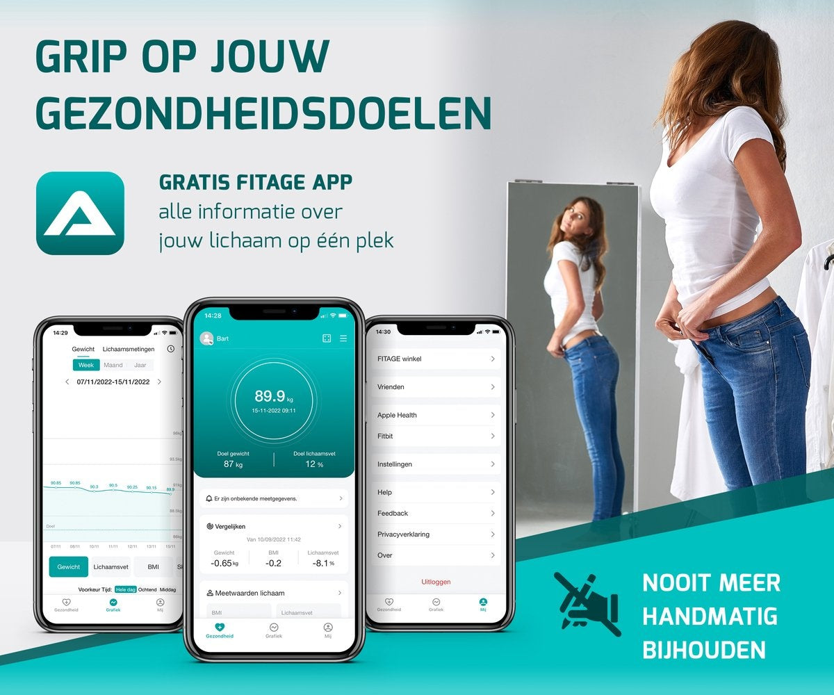 FITAGE LCD Weegschaal Personenweegschaal Digitaal - Slimme Weegschaal met 17x Lichaamsanalyse - Weegschalen - FITAGE App