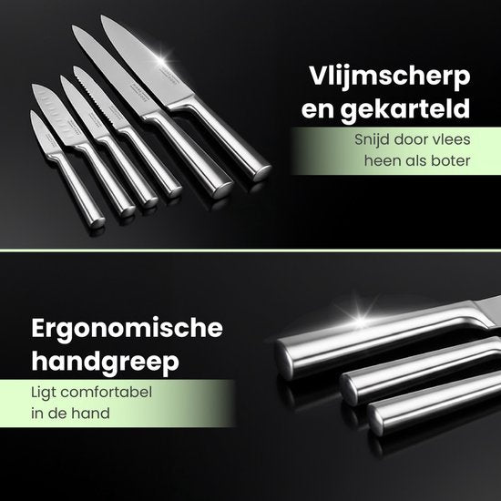 MoreCore Messenset met Blok en Messenslijper - Messenblok - Keukenmessen - Inclusief Keukenschaar - Koksmes - Krasbestendige - RVS - Zilverkleurig/Zwart - Vaderdag Cadeau