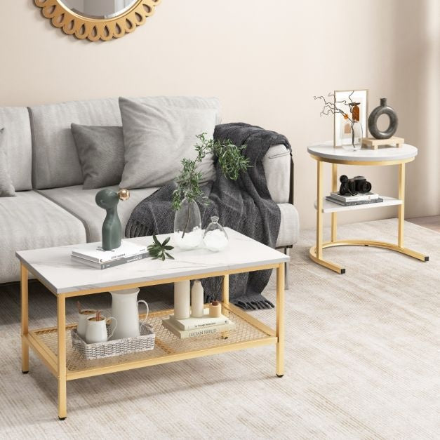 Coast Set van 2 bijzettafels - Salontafels met gouden metalen frame - Max. 50KG - Goud/Wit