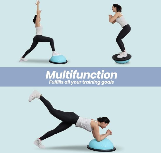 DH FitLife Balansbal, yoga balanstrainer, diameter van 60 x 22 cm, tot 200 kg belastbaar, halve gymnastiekbal, fitness balansboard, evenwichtsboard met pomp en 2 fitnessbanden