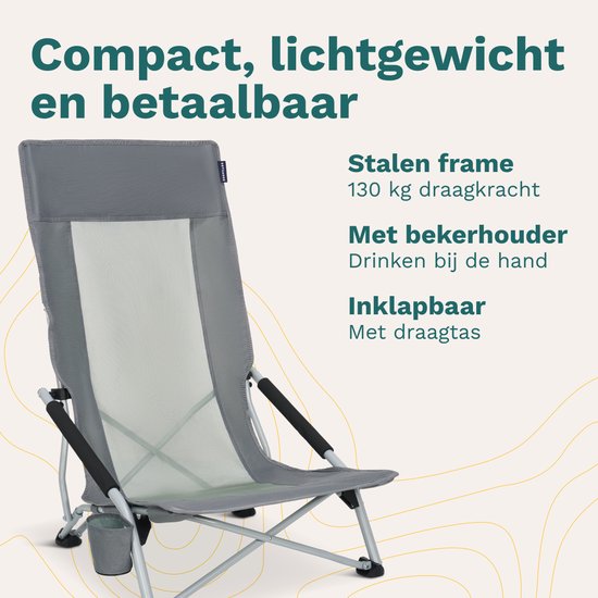 TRVLMORE Strandstoel - Inklapbaar en Opvouwbaar - 130KG Draagkracht - Lichtgewicht - Met Draagtas en Bekerhouder - Hoge Leuning - Grijs