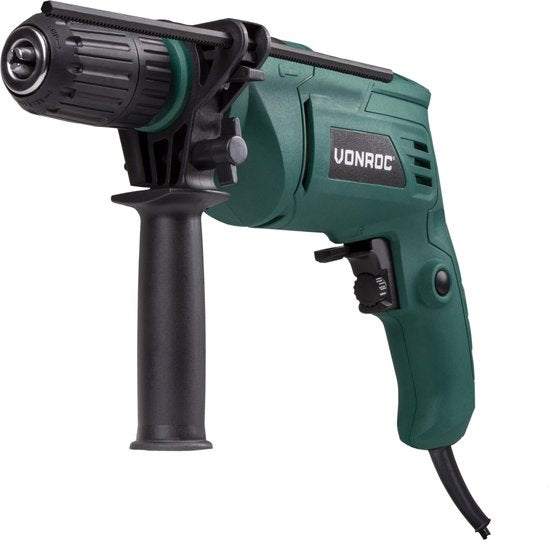 VONROC Klopboormachine – 500W – Snelspanboorkop – Incl. zijhandgreep, diepte aanslag & opbergtas