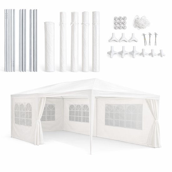 Kinzo Partytent 3x6 m - Tent Paviljoen voor 70 Personen - Tuinpaviljoen met 6 Zijwanden - Tuintent met Nokhoogte 2.5m - Feesttent Waterdicht en UV Bestendig - Wit