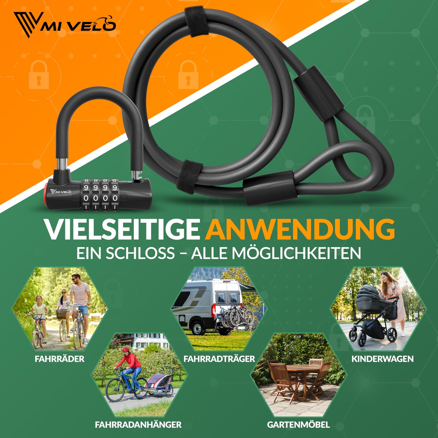 MIVELO kabelslot - fietsslot met cijfercode - 200 cm stalen kabel - 4 cijfer combinatie