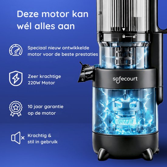 Safecourt Kitchen Slow Juicer - krachtige motor [Pre-cutter & Cold-press technologie] - eenvoudige reiniging - BPA-vrij - sapcentrifuge Zwart